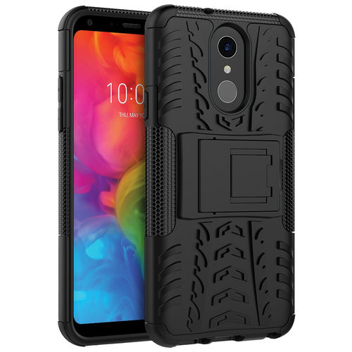 Dual Layer Rugged Tough Shockproof Case & Stand for LG Q7 - Black
